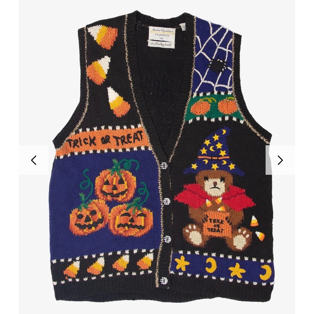 Marisa Christina Halloween Sweater Vest Womens M Black Trick or Treat Hand Knit - Picture 10 of 10